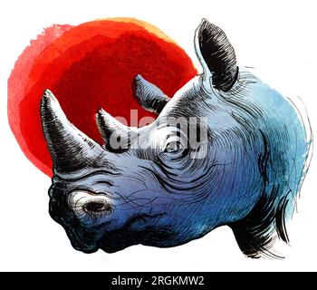 Rhinocéros bleu et soleil rouge. Peinture aquarelle dessinée à la main rhinocéros bleu et soleil rouge. Peinture à l'aquarelle dessinée à la main Banque D'Images