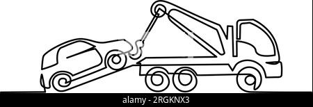 Camion de remorquage soulever la voiture cassée à l'aide d'une grue. Dessin continu d'une ligne. Illustration de Vecteur