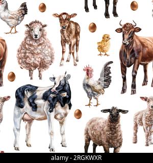 Animaux de ferme sur le pâturage. Vache, moutons et poules sur le ranch. Vie rurale simple, nature et plantes. Modèle sans couture, illustration numérique. Pour p Banque D'Images