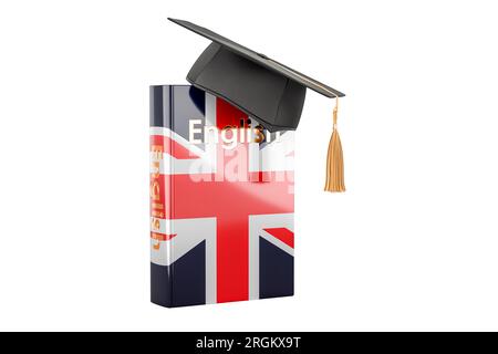 Manuel de langue anglaise avec chapeau de graduation. Apprendre la langue anglaise, cours. Rendu 3D isolé sur fond blanc Banque D'Images