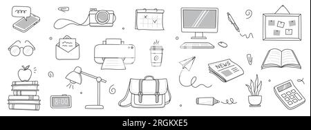 Ensemble de doodles de bureau. Ordinateur de bureau, bureau, icône de gribouillage d'ordinateur portable. Illustration de style d'esquisse dessinée à la main. Affaires, éducation scolaire éléments dessinés à la main. Illustration vectorielle. Illustration de Vecteur