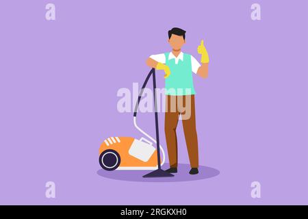 Dessinateur à plat de caractère travailleur du service de nettoyage. Homme habillé uniforme avec aspirateur et pouces vers le haut pose. Lavage, service de nettoyage. Désinfection Banque D'Images
