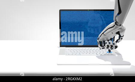 Main blanche de robot en forme d'homme appuyant sur une touche bleue d'un ordinateur portable blanc avec écran bleu de carte de circuit imprimé sur le bureau réfléchissant sur fond blanc. 3D il