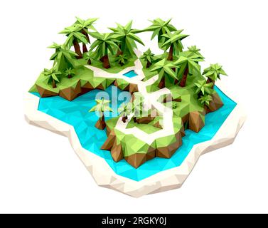 3D isométrique bas poly d'une île tropicale avec la rivière, Illustration de Vecteur