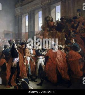 NAPOLÉON BONAPARTE (1769-1821) les membres du Conseil des 500 entourent le général Bonaparte lors du coup d'État du 18 Brumaire (9 novembre 1799) qui le conduit à devenir Premier Consul de France. Peinture de François Bouchot Banque D'Images
