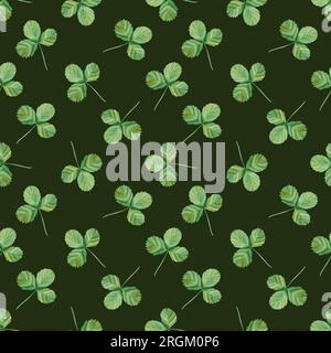 Aquarelle modèle sans couture avec de la verdure, feuilles vert fraise sur un fond vert foncé. Pour textile, emballage, cartes de vœux, papiers peints Banque D'Images
