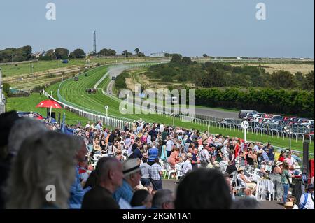 Brighton UK 10 août 2023 - les coureurs profitent d'une belle journée ensoleillée à Brighton races Ladies Day pendant le Star Sports 3 jours Festival of Racing : Credit Simon Dack / Alamy Live News Banque D'Images