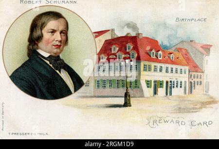 Robert Schumann (1810-1856), compositeur et pianiste allemand, portrait de la tête et des épaules, carte postale illustrée en couleur, artiste non identifié, T. presser Company, Philadelphie Banque D'Images