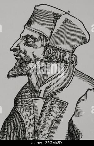 Jan Hus (1369-1415). Théologien et philosophe tchèque. Le réformateur excommunié en 1410 pour avoir propagé les doctrines de Wycliffe. En 1414, il assiste au concile de Constance, où il est jugé et condamné au bûcher comme hérétique. Cela a déclenché le soulèvement hussite (1419-1434), antécédent des guerres de religion. Portrait. Gravure. « Vie militaire et religieuse au Moyen Age et à l'époque de la Renaissance ». Paris, 1877. Banque D'Images