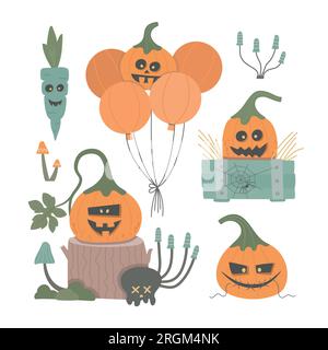 Ensemble de mignonnes citrouilles effrayantes de monstre Halloween. Illustration de dessin animé pour carte, invitation de partie, bannière, web. Illustration de Vecteur