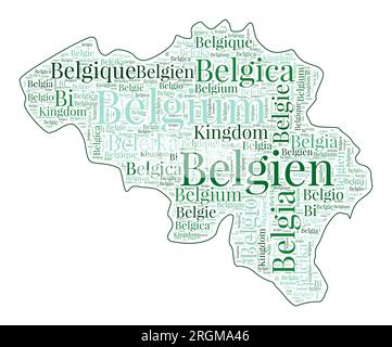 Forme Belgique remplie avec le nom du pays dans de nombreuses langues. Carte de Belgique dans le style wordcloud. Illustration vectorielle chic. Illustration de Vecteur