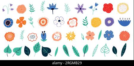 Ensemble de fleurs colorées printanières. Belle collection de fleurs romantiques avec des roses, des feuilles, des bouquets floraux. Isolé sur blanc pour les cartes de vœux, Pâques Illustration de Vecteur