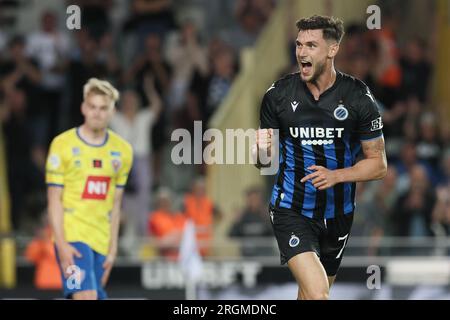 Bruges, Belgique. 10 août 2023. Roman Yaremchuk du Club célèbre après avoir marqué lors d'un match de football entre le Belge Club Brugge KV et l'islandais Knattspyrnufelag Akureyrar, jeudi 10 août 2023 à Brugge, la première étape du troisième tour de qualification pour la compétition UEFA Conference League. BELGA PHOTO BRUNO FAHY crédit : Belga News Agency/Alamy Live News Banque D'Images