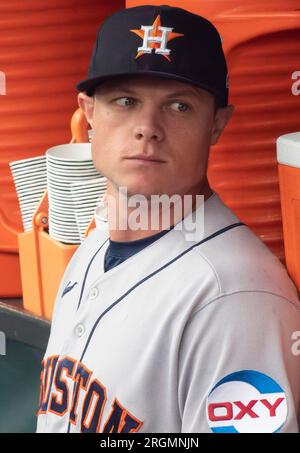 Baltimore, États-Unis. 10 août 2023. BALTIMORE, Maryland - 10 AOÛT : Jake Meyers (6), le joueur de terrain des Astros de Houston, avant un match de MLB entre les Orioles de Baltimore et les Astros de Houston, le 10 août 2023, à Orioles Park à Camden yards, à Baltimore, Maryland. (Photo de Tony Quinn/SipaUSA) crédit : SIPA USA/Alamy Live News Banque D'Images