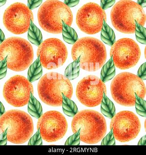 Aquarelle mandarine motif sans couture dessiné à la main. Agrumes avec des feuilles, des fleurs, des fruits isolés sur fond blanc. Motif botanique pour wallp Banque D'Images
