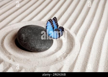 Paix et harmonie. Pierre de jardin zen sur sable avec motif et beau papillon, espace pour le texte Banque D'Images