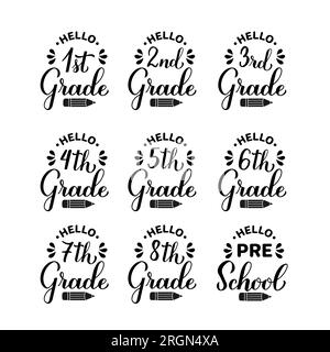 Ensemble d'escouade scolaire. Premier jour de forfait scolaire. 1e, 2e, 3e, 4e, 5e, 6e, 7e, 8e, préscolaire. Modèle vectoriel pour affiche typographique, bannière Illustration de Vecteur