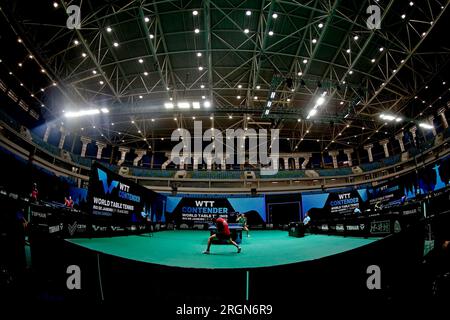 10 août 2023 : Arena Carioca, Barra da Tijuca, Rio de Janeiro, Brésil. Tiago Apolonia (por) contre Yang Wang (SVK), lors du tournoi mondial de tennis de table du WTT Contender Banque D'Images