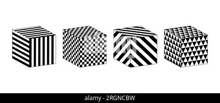 Collection de cubes avec différents motifs. Ensemble de carrés 3d à carreaux et rayures. Éléments cubiques géométriques noirs et blancs pour les modèles de conception, les icônes, le logo. Boîte de perspective vectorielle abstraite. Illustration de Vecteur