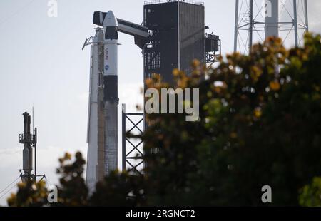 Reportage : SpaceX Crew-4 mission (avril 2022) - Une fusée SpaceX Falcon 9 avec le vaisseau spatial Crew Dragon de la société à bord est vue sur la rampe de lancement du Launch Complex 39a alors que les préparatifs se poursuivent pour la mission Crew-4, samedi 23 avril 2022, au Kennedy Space Center de la NASA en Floride. Banque D'Images
