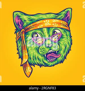 Meow drôles illustrations vectorielles de chat hippie bohème pour votre logo de travail, t-shirt de marchandises, autocollants et dessins d'étiquettes, affiche, publicité de cartes de voeux Illustration de Vecteur