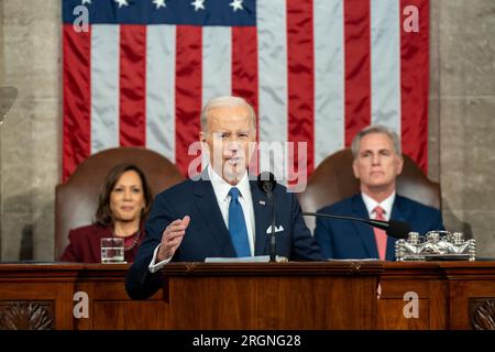 Reportage : Discours sur l'état de l'Union du Président Biden en 2023 - le Président Joe Biden prononce son discours sur l'état de l'Union, le mardi 7 février 2023, à la Chambre des communes du Capitole des États-Unis Banque D'Images