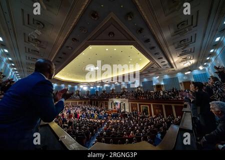 Reportage : Discours sur l'état de l'Union du Président Biden en 2023 - le Président Joe Biden prononce son discours sur l'état de l'Union, le mardi 7 février 2023, à la Chambre des communes du Capitole des États-Unis Banque D'Images