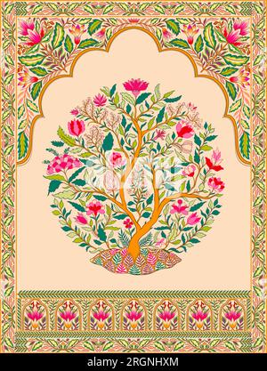 Arbre ornemental décoratif moghol pour arche. Style indien moghol traditionnel complexe avec fleurs d'arbre et feuillage. Illustration de Vecteur