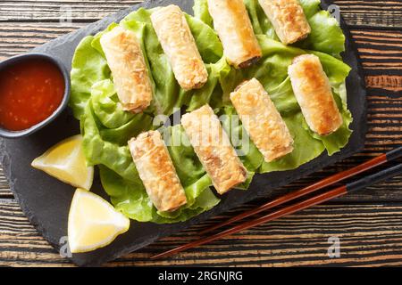 Nems vietnamiens ou rouleaux de printemps frits avec gros plan de poulet sur l'assiette sur la table. Vue de dessus horizontale Banque D'Images