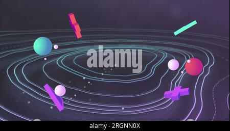 Image de formes abstraites se déplaçant sur des lignes sur fond sombre Banque D'Images