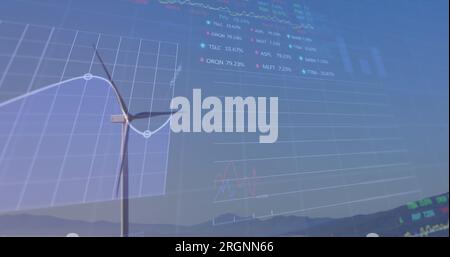 Image des données financières et graphique sur le paysage avec des éoliennes Banque D'Images
