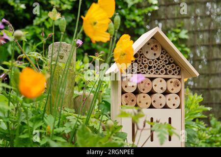 Un hôtel aux insectes ou un hôtel aux abeilles dans un jardin d'été. Un hôtel à insectes est une structure artificielle créée pour fournir un abri aux insectes de diverses formes Banque D'Images