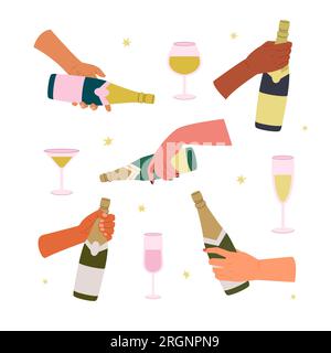 Mains de peuples de différentes nationalités tenant diverses bouteilles de champagne Illustration de Vecteur