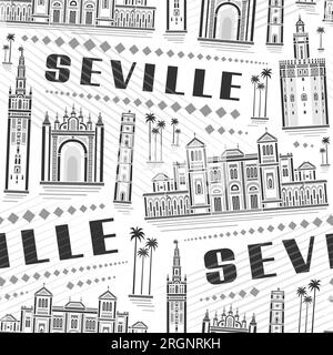 Vector Seville Seamless Pattern, répétition de fond avec illustration de contour du célèbre paysage de la ville européenne de séville sur fond blanc, monoch gris Illustration de Vecteur