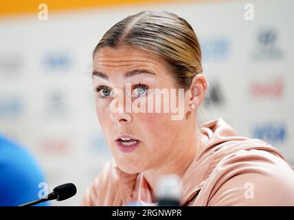 La gardienne de but anglaise Mary Earps lors de la conférence de presse au Stadium Australia, Sydney. Date de la photo : Vendredi 11 août 2023. Banque D'Images