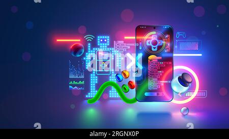 Les enfants programment robot contrôlé par téléphone dans le langage de programmation scratch. Éducation Internet enfants programmation informatique, conception de robots. Tech banne Illustration de Vecteur