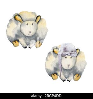 Illustration dessinée à la main à l'aquarelle, mignon mignon magique bébés moutons en peluche, chapeaux de couchage, personnage de jouet de bande dessinée. Objet unique isolé sur blanc Banque D'Images