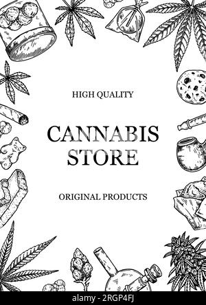 Conception verticale cannabis pour l'emballage, les publications sur les médias sociaux, la décoration de magasin, l'image de marque, les certificats. Illustration vectorielle de marijuana dans le style de croquis. H Illustration de Vecteur