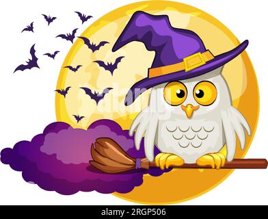 Chouette mignon dans un chapeau de sorcière violet avec un fond de lune de nuit avec des chauves-souris. Affiche joyeuse Halloween, carte de voeux, carte postale. Illustration de Vecteur