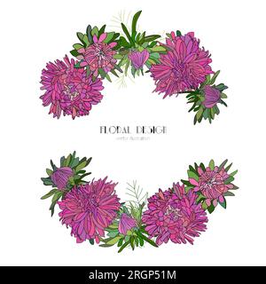 Vecteur cadre dessiné à la main de fleurs d'asters, marguerites, feuilles vertes, couronne d'asters Illustration de Vecteur