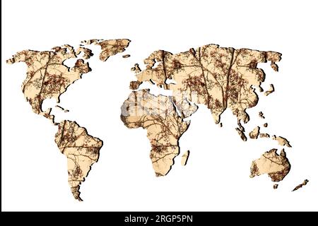 Carte du monde grossièrement esquissée avec des feuilles d'automne sèches remplissant Banque D'Images