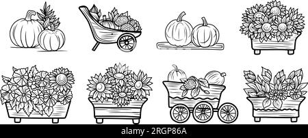 COLLECTION DE COLORIAGE POUR ENFANTS. Composition avec des tournesols dans une brouette, livre de coloriage sur le thème de l'automne, impression de t-shirt de Thanksgiving Illustration de Vecteur