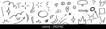 Dynamique de flèche dessinée à la main avec détails de doodle, dans la présentation de dessin animé de style anime. Icônes de croquis au crayon amusantes pour la créativité. Illustrations vectorielles plates Illustration de Vecteur