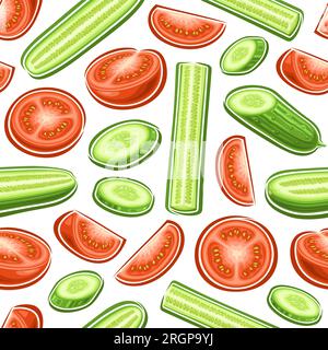 Vector Tomato et concombre modèle sans couture, répéter l'arrière-plan avec des légumes volants tranchés pour le linge de lit, affiche carrée décorative avec groupe de fla Illustration de Vecteur