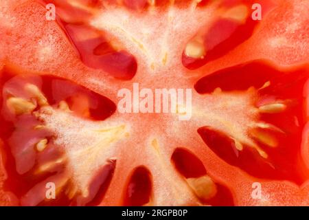 Tomate tranche macro, fond naturel. Gros plan en tranches de tomate rouge juteuse avec des graines de chair et des textures Banque D'Images