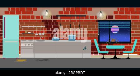 Cuisine dans un vieil appartement sale. mur de briques, table, réfrigérateur. Pour l'emplacement des jeux 2D. Illustration vectorielle Illustration de Vecteur