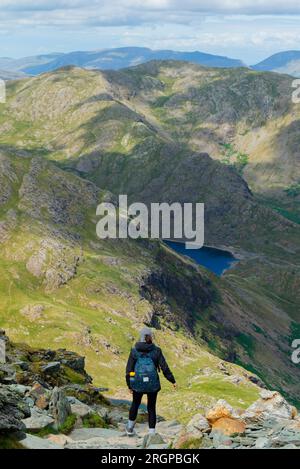 Randonneur femelle descendant Old Man of Coniston, Lake District Banque D'Images