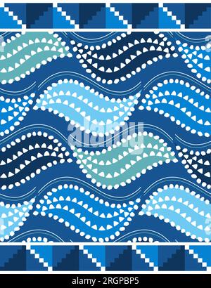 Motif sans couture vecteur Ankara de cire africaine avec des vagues bleues, tissu d'impression Java ou design textile avec motif géométrique Illustration de Vecteur