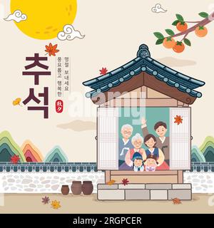 Design coréen pour l'événement Thanksgiving Day. Grande famille portant hanbok à la maison traditionnelle hanok. Thanksgiving Day, Joyeuses fêtes, traduction coréenne. Illustration de Vecteur