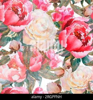 Motif floral aquarelle sans couture avec feuilles vertes, fleurs de pivoines roses, branches de feuilles. Invitations de mariage, fonds d'écran, fonds d'écran, mode Banque D'Images